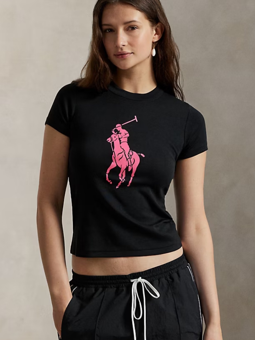 Ralph Lauren Hot Pink Pony Black Fitted Cap Sleeve Slim Fit Tee - Small/Medium